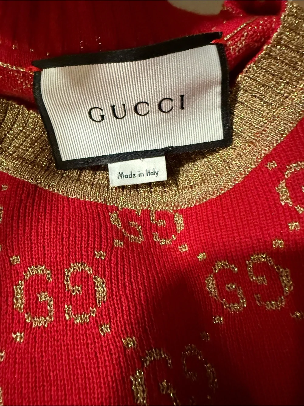 Gucci Red Short-Sleeve GG Knit Sweater with Gold Trim